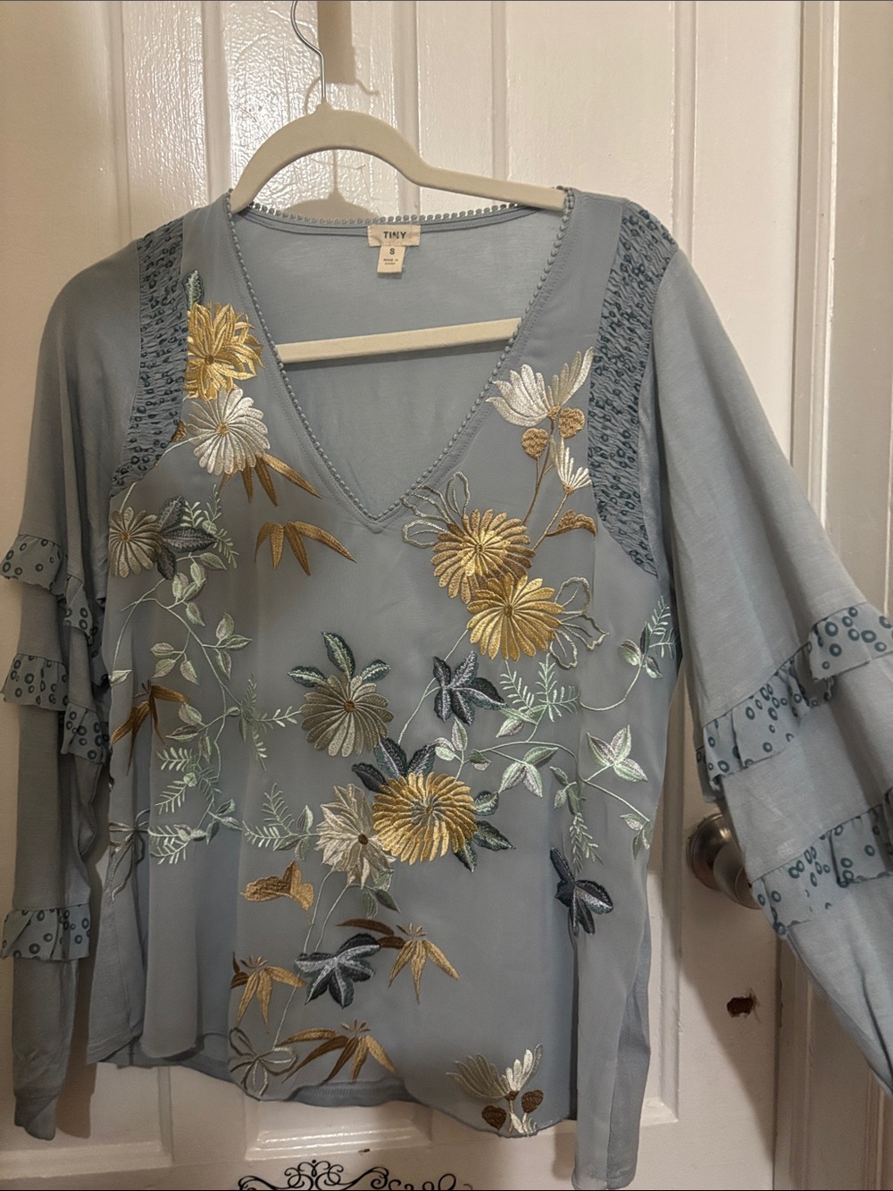 Anthropologie Dusty Blue V-Neck Floral Embroidered Blouse